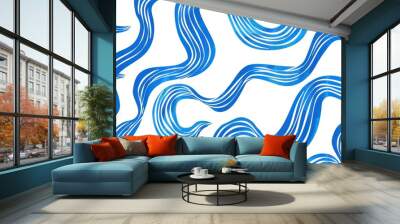 Abstract bold doodle blue color wave seamless pattern on white background. AI generated image Wall mural