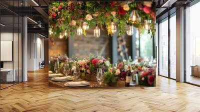 Beautiful luxury decorated wedding table indoor restaurant hall building. AI generated image Wall mural