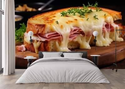 Closeup delicious croque monsieur sandwich Bread dinner meal tasty meat on wooden board.AI generated Wall mural