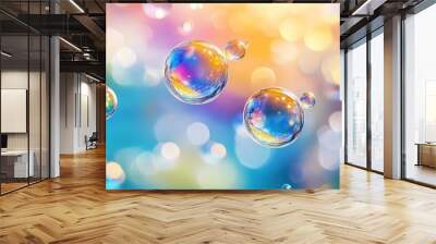 Colorful soap bubbles floating against a vibrant, blurred background. Wall mural