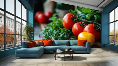 Fresh Tomatoes and Herbs on a Wooden Cutting Board Wall mural