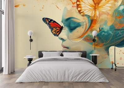 Illustration a woman with flying butterfly insect animal. AI generated image Wall mural