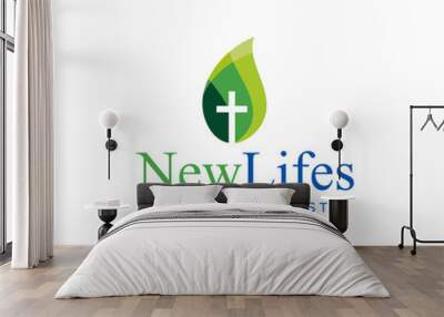 Illustration of abstract nature leaf sign with a church cross inside logo design Wall mural