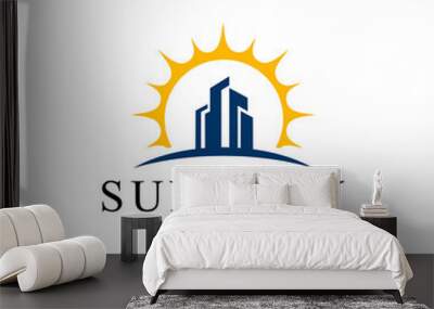 Illustration silhouette city with the sun always shine on it logo design Wall mural