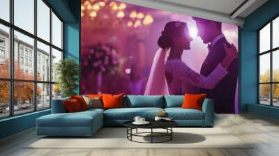 Portrait elegant happy wedding celebration with first dance at night with lights. AI generated Wall mural