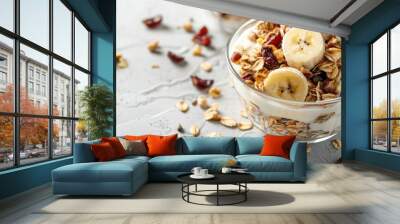 Tasty dietary breakfast granola baked with yogurt and banana on the bowl at the table. AI generated Wall mural