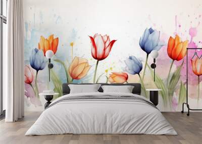 Tulip flower with watercolor style for background and invitation wedding card, AI generated image Wall mural