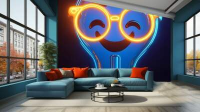 3D neon lightbulb with a smiling face and glasses, bright fun concept Wall mural