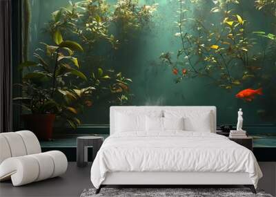 A cup of steaming coffee or tea placed on a window sill with a small fish tank and house plants Wall mural