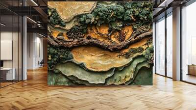 Abstract 3D art, layered, texture, nature, organic, forest, tree branches, green, brown, yellow, rock, stone Wall mural