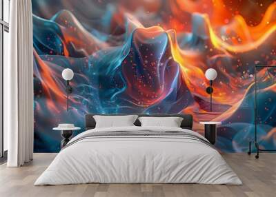 Abstract 3D digital art with flowing blue and orange textures and glowing particles Wall mural