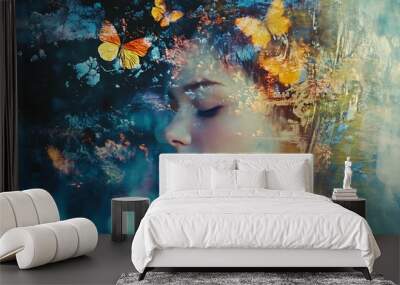 Abstract art portrait of a woman with butterflies, blue and yellow color palette, surreal and dreamy Wall mural