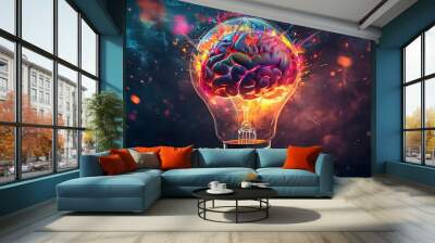 Abstract brain in light bulb on fire, colorful concept of creativity and innovation Wall mural