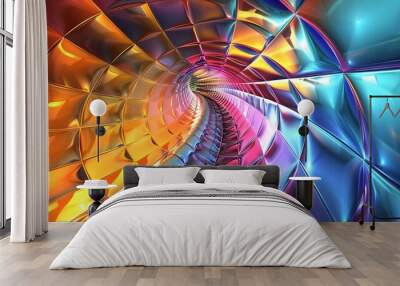 Abstract colorful geometric tunnel with vibrant light, digital art background Wall mural