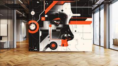 Abstract geometric digital portrait of a woman with an eye and an orange and black color scheme Wall mural