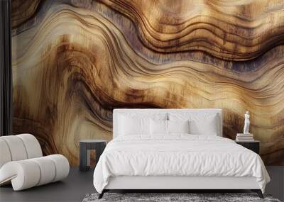 Abstract wooden texture background with wavy lines and flowing patterns in warm brown shades. Wall mural