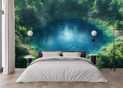 Aerial view of a blue sinkhole lake surrounded by green trees Wall mural