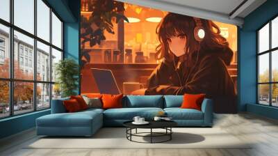 anime girl at cafe Wall mural