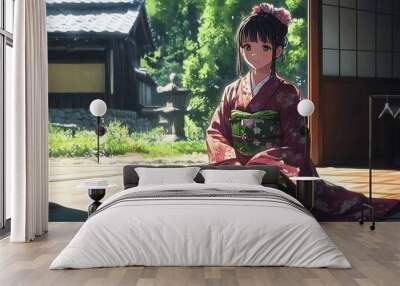 Anime girl in traditional Japanese kimono sitting in a traditional house, with a beautiful background of nature Wall mural