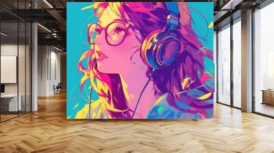 Anime Girl Listening to Music with Headphones in Vibrant Colors Wall mural