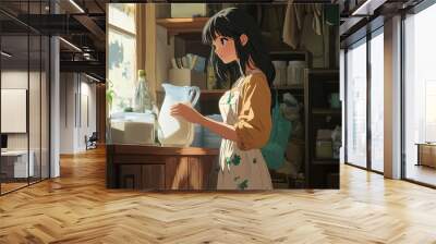 Anime girl pouring milk in kitchen with warm sunlight Wall mural