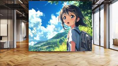 Anime girl with backpack gazing at a beautiful mountain and sky landscape Wall mural