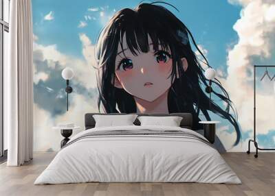 Anime girl with black hair and green eyes looking up at the sky with clouds. Digital art illustration. Wall mural