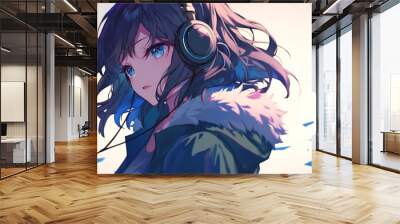 Anime girl with blue eyes and headphones listening to music Wall mural