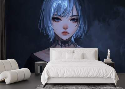 Anime girl with blue hair and black outfit in dark background. Wall mural