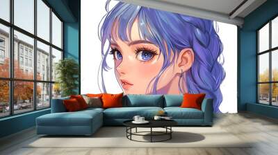 Anime girl with blue hair and eyes, looking to the side, profile portrait Wall mural