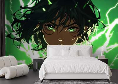 Anime girl with green eyes and short black hair, surrounded by green glowing energy, digital art illustration Wall mural