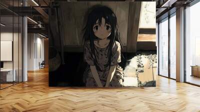 Anime girl with long black hair sitting on the floor with sad expression Wall mural