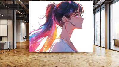 Anime girl with long colorful hair looking to the side in a white shirt. Wall mural