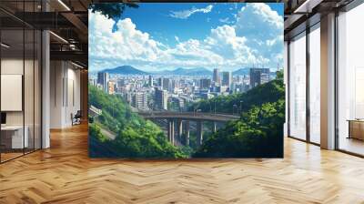 Anime style city landscape with green trees, blue sky, and white clouds Wall mural