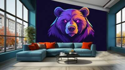 Bear head illustration with neon gradient colors, wild animal portrait Wall mural