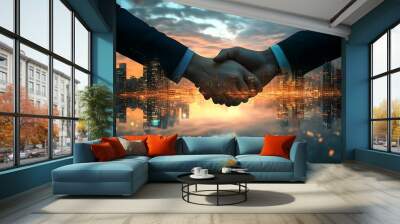 Business partnership handshake with cityscape silhouette in background. Concept of agreement, collaboration, and success. Wall mural