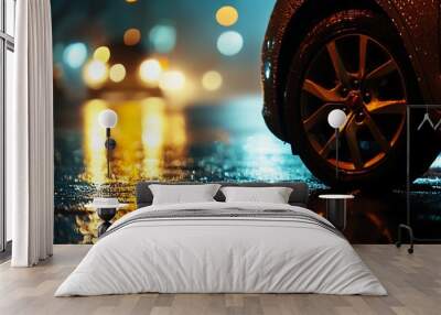 Car wheel close up on wet asphalt at night with blurred bokeh lights in background Wall mural