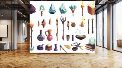 Cartoon Fantasy Magic Spell Items Set,  Wands, Potions, Crystals, and Grimoires Wall mural