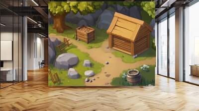 Cartoon isometric forest path with wooden cabin and crate. Wall mural