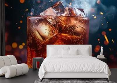 Close up of a glass of whiskey with ice cubes on fire Wall mural