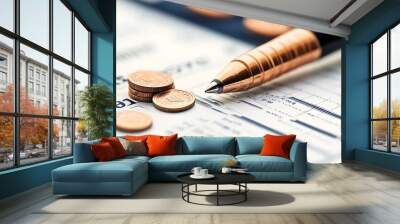 Close up of a pen on a checkbook with copper coins, representing finance, banking, and business. Wall mural