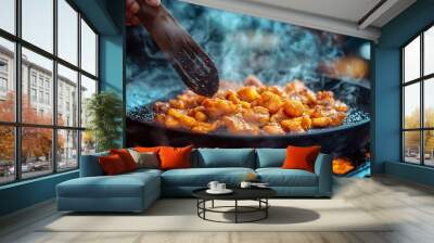 Close up of chicken stir fry being cooked in a pan on a stovetop with flames visible. Food concept for cooking, grilling, and eating. Wall mural