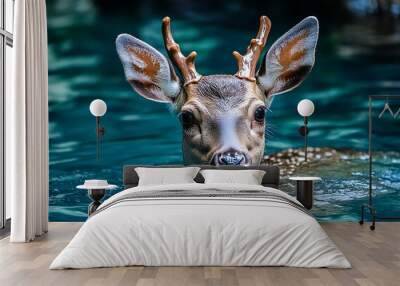 Close up of deer with antlers swimming in blue water Wall mural