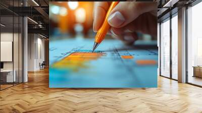 Close up of hand drawing on a blueprint with a colorful pen Wall mural