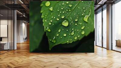 Close up of water droplets on a green leaf after rain. Natural macro photography of dew on plant foliage. Wall mural