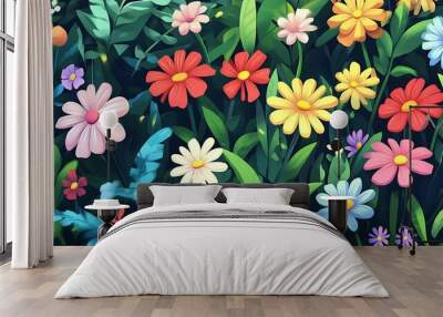 Colorful Cartoon Flowers in a Lush Green Garden Wall mural