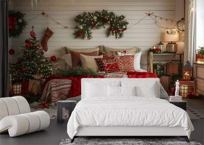 Cozy Christmas bedroom with decorated tree, garland, and red blankets Wall mural