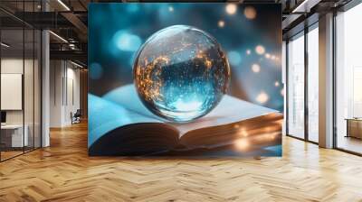 Crystal ball on an open book with magical glowing lights. Mystical, fortune telling, fantasy concept. Wall mural