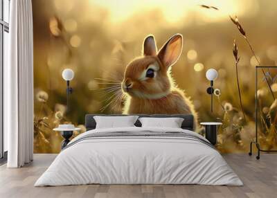 Cute baby bunny rabbit in a meadow at sunset Wall mural