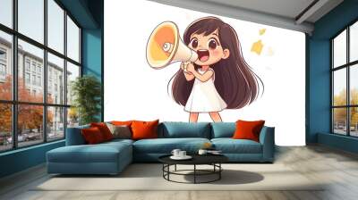 Cute Cartoon Girl Announcing News With Megaphone Wall mural